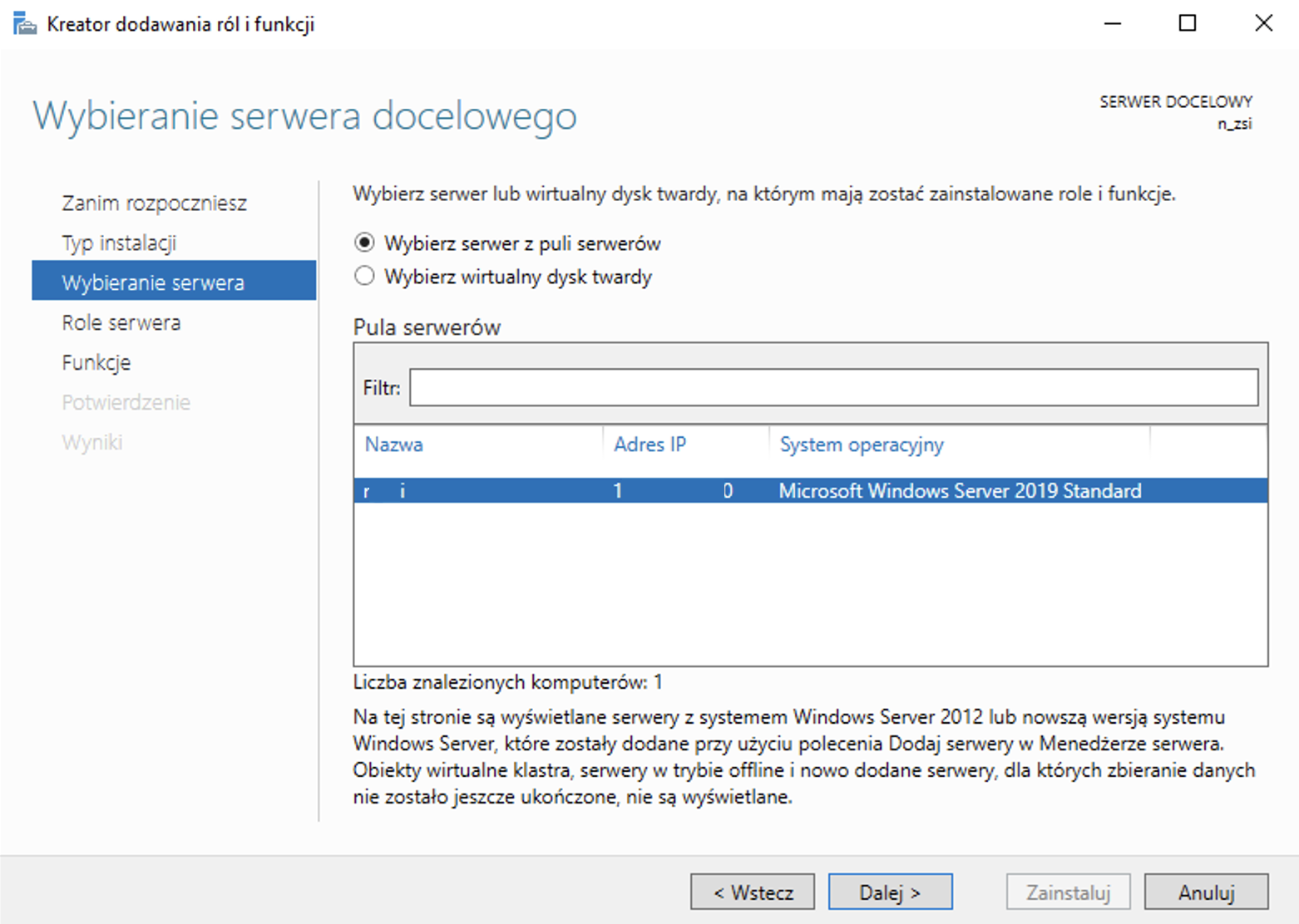 Kreator dodawania ról i funkcji - Typ instalacji