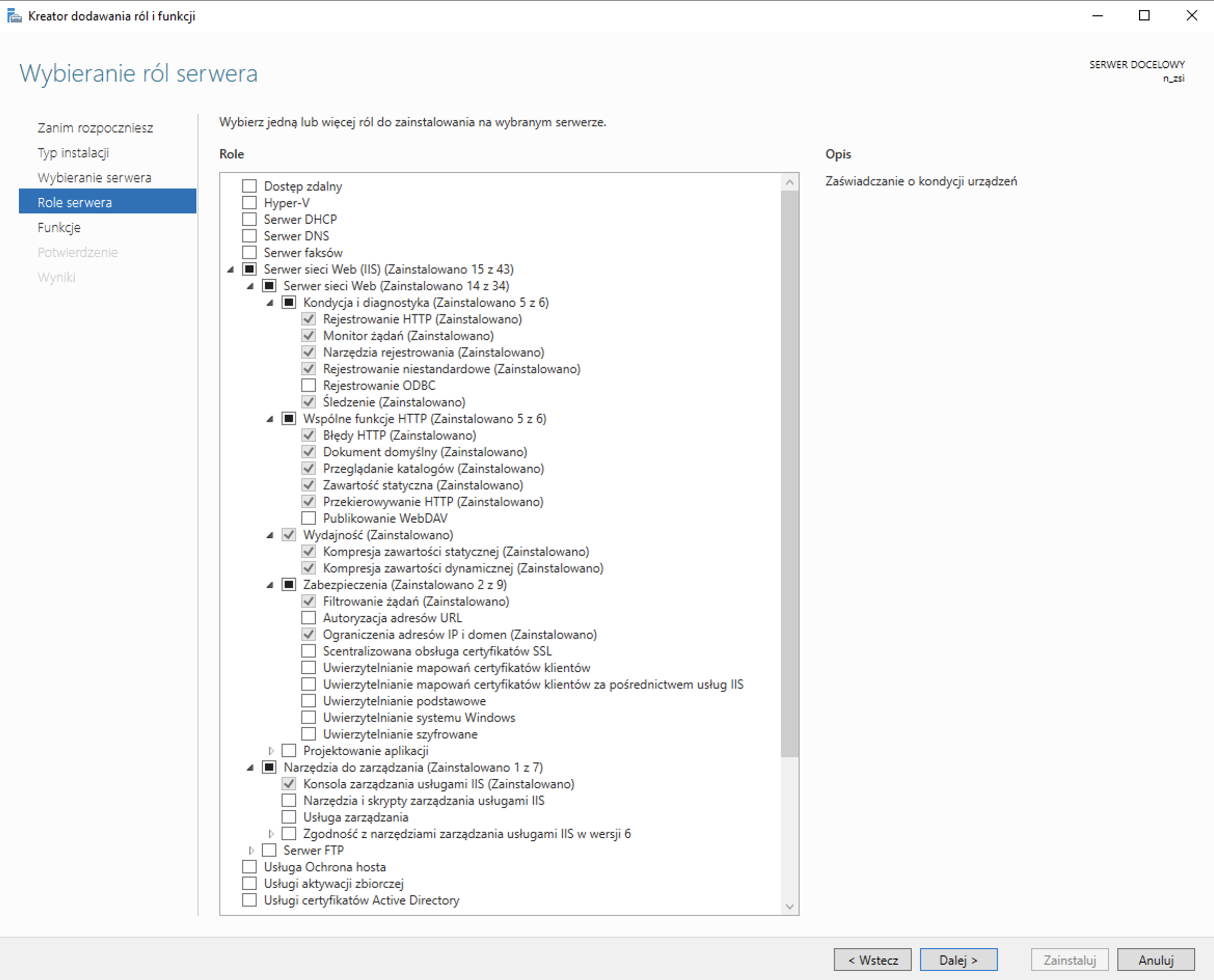 Kreator dodawania ról i funkcji - Role serwera