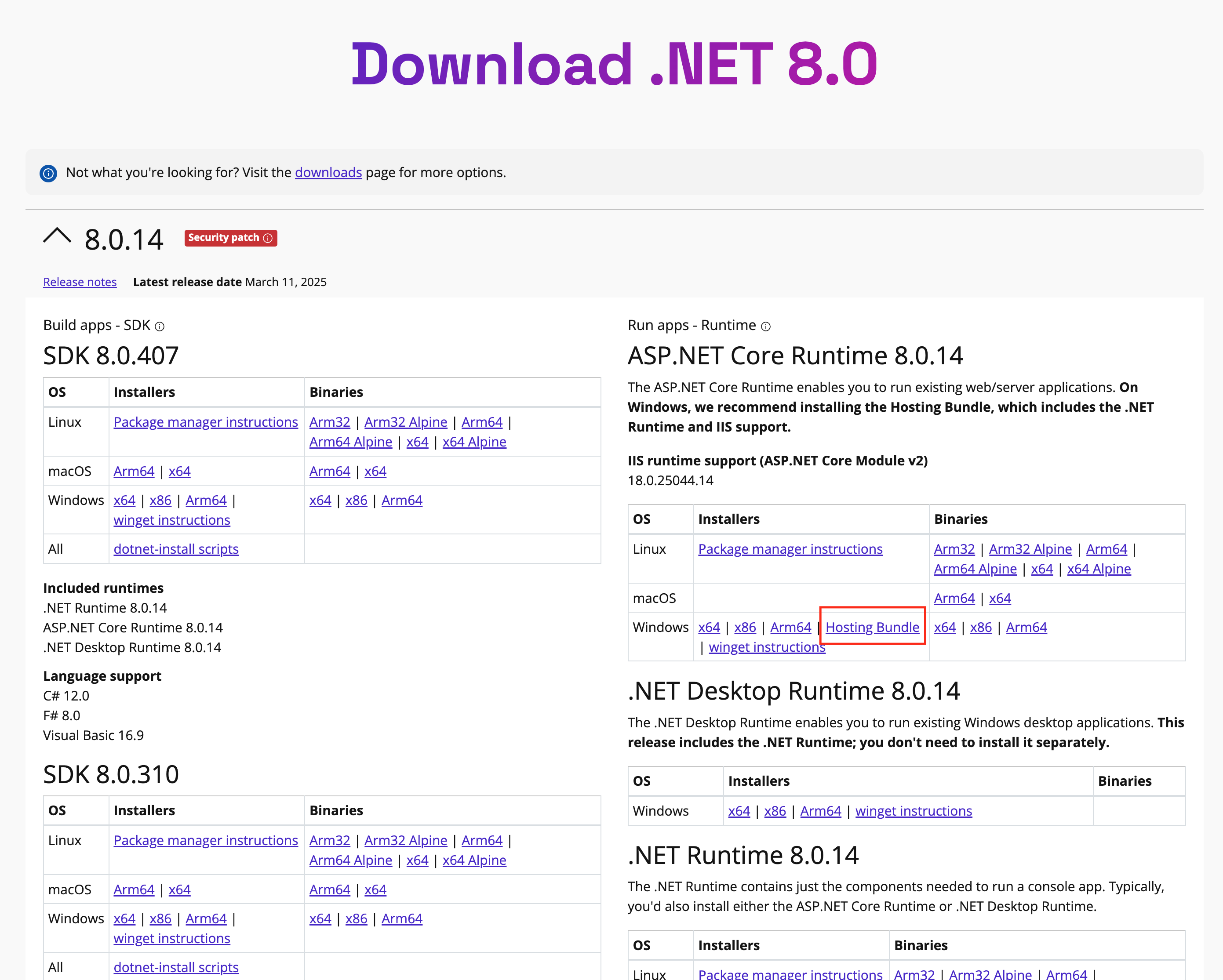 Microsoft - Pobranie .NET 8 Hosting Bundle